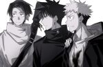  3boys bangs closed_mouth dirty dirty_clothes facial_mark fushiguro_megumi gakuran greyscale gusha_(orenji_hnkn) high_collar itadori_yuuji jacket jujutsu_kaisen looking_away male_focus monochrome multiple_boys okkotsu_yuuta profile scar scar_on_face school_uniform shirt short_hair simple_background smile spiked_hair undercut upper_body weapon_bag 