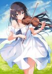  1girl bare_shoulders black_hair blue_eyes blue_sky blush bow_(instrument) cloud dress field grass highres holding holding_instrument instrument kinona long_hair music original outdoors parted_lips playing_instrument sky solo standing strapless strapless_dress violin white_dress 