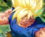  1boy ashes black_outline blonde_hair blue_shirt close-up closed_mouth collarbone dirty dirty_clothes dirty_face dragon_ball dragon_ball_z eyebrows_visible_through_hair face facing_viewer glowing glowing_hair green_eyes hair_over_one_eye highres kinokaki2020 looking_afar male_focus muscular outline pants scratches shirt son_goku spiked_hair super_saiyan super_saiyan_1 torn_clothes torn_pants upper_body 
