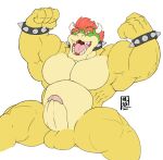  2018 4_fingers anthro balls big_muscles bowser bracelet champagnecub claws collar eyebrows fingers flexing genitals green_body green_scales hair hi_res horn huge_muscles humanoid_genitalia humanoid_penis jewelry koopa looking_at_viewer male mario_bros mostly_nude muscular muscular_anthro muscular_male nintendo open_mouth penis pink_tongue red_eyes red_hair scales scalie simple_background sitting solo spiked_bracelet spiked_collar spikes thick_eyebrows thick_penis tongue video_games white_background white_claws white_horn yellow_body yellow_scales 