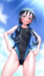  1girl alternate_costume ass_visible_through_thighs black_swimsuit blue_hair blue_sky blush breasts cloud commentary_request commission competition_swimsuit covered_navel cowboy_shot day eyebrows_visible_through_hair green_eyes hair_ribbon hand_on_hip highleg highleg_swimsuit highres kantai_collection long_hair looking_at_viewer low_twintails one-piece_swimsuit outdoors ribbon skeb_commission sky solo standing suzukaze_(kancolle) swimsuit tsuchimiya twintails 
