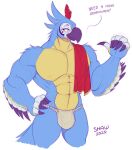  2020 5_fingers abs anthro avian beak biceps bird black_beak black_body black_feathers blue_body blue_feathers bottomwear breath_of_the_wild bulge clothed clothing colored_sketch countershade_torso countershading dated dialogue english_text feathered_wings feathers fingers front_view gesture kass_(tloz) loincloth looking_away male multicolored_body multicolored_feathers muscular muscular_anthro muscular_male nintendo pecs pointing rito shaw signature simple_background skimpy smile solo tail_feathers text the_legend_of_zelda thick_thighs topless towel towel_around_neck unseen_character video_games white_background white_body white_feathers wide_hips winged_arms wings yellow_body yellow_countershading yellow_eyes yellow_feathers 