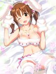  1girl absurdres animal_ears bangs bare_shoulders bed blush breasts brown_hair bunny_ears collarbone eyebrows_visible_through_hair from_above highres idolmaster idolmaster_cinderella_girls large_breasts looking_at_viewer lying natsuya navel on_back one_eye_closed smile tagme thighhighs totoki_airi 