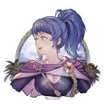  1girl blue_hair breasts cape cleavage earrings fire_emblem fire_emblem_heroes grey_shirt jewelry leaf looking_to_the_side moize_opel ponytail purple_cape reginn_(fire_emblem) shirt smile twitter_username upper_body yellow_eyes 