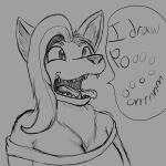  1:1 2019 anthro breasts canid canine canis clothed clothing dialogue dingo english_text female hair hi_res mammal monochrome open_mouth solo speech_bubble sunderlovely teeth text tongue tongue_out 