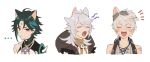  ... 3boys ahoge animal_ear_fluff animal_ears antenna_hair aqua_hair armor bandaid bandaid_on_face bandaid_on_nose bangs bead_necklace beads bennett_(genshin_impact) cat_ears closed_eyes cropped_torso dog_ears eyebrows_visible_through_hair facial_mark fang floppy_ears forehead genshin_impact goggles goggles_on_head green_hair grey_hair hair_between_eyes highres hood hood_down jewelry long_hair male_focus miz_003 multicolored_hair multiple_boys necklace open_mouth razor_(genshin_impact) scar scar_on_arm scar_on_face shirt shoulder_armor simple_background skin_fang sleeveless sleeveless_shirt spikes upper_body wolf_ears xiao_(genshin_impact) yawning yellow_eyes 