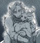  2020 anthro anthro_on_anthro antlers arm_tattoo athletic beastars bed_sheet bedding biceps cervid cervine duo embrace english_text eyewear felid glasses greyscale hi_res horn ibuki_(beastars) kemono lion looking_at_viewer louis_(beastars) male male/male mammal mane mitsuyaaaa monochrome muscular muscular_male nude pantherine pecs predator/prey red_deer romantic_couple seductive simple_background size_difference slim tattoo text triceps 