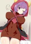  ... 1girl bangs blush breasts closed_mouth commentary_request courtney_(pokemon) covered_navel dress eyebrows_visible_through_hair eyelashes fake_horns hood hood_up horns one_eye_closed panties pokemon pokemon_(game) pokemon_oras purple_eyes purple_hair shiny shiny_skin short_hair solo spoken_ellipsis sweat sweater sweater_dress team_magma tottotonero underwear 