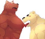  &lt;3 2021 anthro arufina_w barazoku blue_background blush bodily_fluids brown_body brown_fur canid canine duo eyes_closed fur hi_res kemono licking male mammal nipple_fetish nipple_lick nipple_play nipples overweight overweight_male simple_background sweat tongue tongue_out ursid 