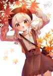  1girl :o absurdres adjusting_clothes adjusting_headwear ahoge alternate_costume alternate_hairstyle arms_behind_back arms_on_head autumn_leaves bag bag_charm bangs braid brown_sweater casual charm_(object) chestnut_mouth commentary contemporary dodoco_(genshin_impact) eyebrows_visible_through_hair feather_necklace frilled_skirt frills genshin_impact hair_between_eyes handbag hat highres hiroi_world klee_(genshin_impact) leaf light_brown_hair long_hair long_sleeves looking_at_viewer low_twintails maple_leaf orange_eyes plaid plaid_skirt pointing sidelocks simple_background skirt solo stuffed_animal stuffed_toy suspender_skirt suspenders sweater twin_braids twintails unmoving_pattern white_background 