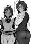  1girl alternate_costume ass ass_visible_through_thighs black_hair blush bow bow_panties dress_shirt enmaided from_below garter_belt garter_straps greyscale highres idolmaster idolmaster_(classic) kikuchi_makoto lifted_by_self looking_at_viewer maid maid_headdress monochrome multiple_views panties pants self_exposure shirt short_hair skirt skirt_lift sweat thighs translation_request tsurui underwear vest white_background 