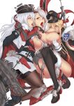  3girls absurdres azur_lane bismarck_(azur_lane) bismarck_(coat_of_arms) black_footwear black_headwear black_jacket blonde_hair blue_eyes breast_grab breast_sucking breasts breasts_outside brown_gloves cape capelet flag fur-trimmed_legwear fur_trim futanari garter_straps gloves grabbing graf_zeppelin_(azur_lane) hair_between_eyes hat high_heels highres jacket large_breasts long_hair miniskirt multicolored_hair multiple_girls open_mouth orange_eyes pantyhose peaked_cap pleated_skirt prinz_eugen_(azur_lane) red_capelet red_eyes red_hair rigging shiny shiny_skin shoes skirt sweat thighhighs tongue tongue_out tsukasa1183 two-tone_hair very_long_hair white_background white_cape white_gloves white_hair white_skirt yuri 