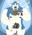  2018 5_fingers anthro ball_tuft balls beard big_muscles big_penis black_claws black_nipples black_nose black_pawpads black_penis blue_eyes bodily_fluids body_hair bottomless champagnecub chest_hair cigar claws clothed clothing erection eyebrows facial_hair fingers fur genital_fluids genitals grin hi_res humanoid_genitalia humanoid_hands humanoid_penis looking_at_viewer male mammal mottled mottled_genitalia mottled_penis muscular muscular_anthro muscular_male nipples open_clothing open_topwear pawpads penis pink_penis polar_bear precum pubes simple_background sleeveless_hoodie smile solo standing thick_eyebrows tiberious topwear tuft ursid ursine white_body white_fur 