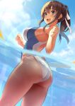  1girl :d ass bangs bare_arms bare_legs bare_shoulders blue_sky blush breasts brown_hair competition_swimsuit day eyebrows_visible_through_hair green_eyes hair_ribbon highleg highleg_swimsuit highres kekemotsu large_breasts long_hair looking_at_viewer looking_back one-piece_swimsuit open_mouth original outdoors partially_submerged partially_underwater_shot ponytail ribbon sideboob sidelocks sky smile solo swimsuit thighs two-tone_swimsuit water wet white_swimsuit 