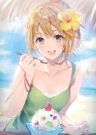  1girl :d absurdres aomi_haru bangs bare_arms bare_shoulders beach blonde_hair blue_sky blush bracelet breasts brown_eyes chitose-kun_wa_ramune_bin_no_naka cloud collarbone day eyebrows flower food hair_flower hair_ornament hand_up highres holding holding_spoon jewelry long_hair looking_at_viewer official_art open_mouth ponytail round_teeth second-party_source sidelocks sky small_breasts smile solo spoon teeth textless tongue upper_teeth weee_(raemz) 