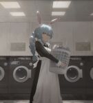  1girl :o animal_ears apron bangs basket black_dress braid breasts bunny_ears ceiling_light dress dust_particles english_text frilled_apron frills hair_between_eyes highres holding holding_basket hololive indoors laundromat laundry laundry_basket long_sleeves looking_at_viewer maid multicolored_hair open_mouth orange_eyes pipilili sidelocks small_breasts solo thick_eyebrows twin_braids twintails two-tone_hair usada_pekora virtual_youtuber washing_machine 