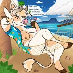  2019 anthony_(goldiescales) anthro beach biped bovid bovine breasts brown_hooves cattle cloud cup detailed_background dialogue english_text female fingers genitals goldiescales hammock heterochromatic_nipples hooved_fingers hooves mammal nipples outside pink_nose plant pussy seashell seaside shell solo speech_bubble straw text trans_(lore) trans_man_(lore) tree umbrella water 