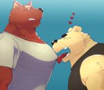  &lt;3 2021 angry anthro arufina_w blue_background brown_body brown_fur canid canine clothing duo fur hi_res kemono male mammal overweight overweight_male shirt simple_background tongue tongue_out topwear ursid 