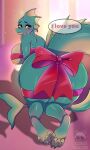  absurd_res anthro bent_over big_breasts big_butt blue_eyes breasts butt dialogue dragon female green_body hi_res looking_back ribbons solo tutifruti_(artist) 