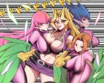  4girls arm_around_shoulder bare_shoulders belt belt_buckle blonde_hair blue_hair blush bodysuit breast_press breasts buckle claws commentary_request detached_sleeves ditienan_ddn dodododo eyebrows_visible_through_hair feathered_wings feathers green_eyes green_feathers harpie_lady harpie_lady_#1 harpie_lady_#2 harpie_lady_#3 harpie_lady_sisters harpy jacket kujaku_mai large_breasts long_hair looking_back monster_girl multiple_girls navel open_mouth orange_hair pink_bodysuit pink_hair pointy_ears purple_eyes skirt spiked_hair v very_long_hair winged_arms wings yu-gi-oh! 