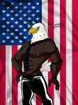  2020 abs absurd_res accipitrid accipitriform anthro avian bald_eagle beak biceps bird blue_eyes bottomwear brown_body brown_feathers character_name clothing dark_body dark_skin digital_media_(artwork) eagle feather_hair feathers flag flag_background hair hi_res leather leather_bottomwear leather_clothing leather_pants male multicolored_body multicolored_feathers muscular muscular_anthro muscular_male necktie nipples pants pecs pink_nipples portrait pseudo_hair sea_eagle senu_(sybervenn) signature smile solo sparkles stars_and_stripes sybervenn tail_feathers thick_thighs three-quarter_portrait united_states_of_america white_body white_feathers white_hair yellow_beak 