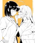  2girls ahoge blush breasts chiyo_kozuka collarbone collared_shirt commentary_request covered_mouth dated eye_contact eyebrows_behind_hair face-to-face from_side full-face_blush greyscale hair_between_eyes hand_up heavy_breathing highres ichido_dake_demo_koukai_shitemasu jacket long_hair long_sleeves looking_at_another mask mask_pull medium_breasts miyahara_miyako monochrome mouth_mask multiple_girls off_shoulder open_clothes open_jacket orange_background pulled_by_self ritsuka_hara shirt short_hair short_sleeves sidelocks simple_background sweat upper_body wing_collar 