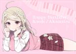  1girl absurdres ahoge akamatsu_kaede bangs blonde_hair blush breasts character_name commentary_request danganronpa_(series) danganronpa_v3:_killing_harmony eyebrows_visible_through_hair flower from_side hair_flower hair_ornament happy_birthday highres instrument keyboard_(instrument) large_breasts long_hair lying musical_note musical_note_hair_ornament necktie on_stomach pink_background pink_vest pleated_skirt raimone_(nekokirinv3) shiny shiny_skin shirt skirt smile solo sweater_vest vest white_flower white_shirt 