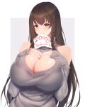  1girl bangs bare_shoulders border braid breasts brown_eyes brown_hair cleavage cleavage_cutout clothing_cutout hands_on_own_chest highres huge_breasts in_mouth long_hair original side_braid single_braid sweater turtleneck turtleneck_sweater white_border zucchini 