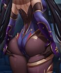  1girl ass ass_support back_cutout black_gloves black_hair black_legwear blurry blurry_background breasts clothing_cutout detached_sleeves facing_away fouriasensei genshin_impact gloves head_out_of_frame highres leotard long_hair long_sleeves medium_breasts mona_(genshin_impact) pantyhose purple_leotard solo symbol_commentary twintails 