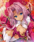  1girl artist_request blue_eyes breasts china_dress chinese_clothes cleavage cleavage_cutout clothing_cutout dress eyebrows facial_mark forehead forehead_mark from_above groin hair_intakes hand_on_own_chest hat koihime_musou looking_at_viewer looking_up no_panties outstretched_arm pink_hair red_dress red_headwear short_hair sitting smile solo sonken thighhighs thighs white_legwear 
