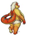  anthro barefoot blue_eyes briefs butt claws clothed clothing dragon english_text feet hair hi_res izvy_(artist) looking_at_viewer male open_mouth orange_body orange_skin overweight overweight_male red_body red_skin simple_background solo teeth_showing text topless underwear white_background white_hair 