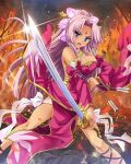  1girl arrow_(projectile) battle blue_eyes breasts china_dress chinese_clothes cleavage detached_sleeves dress facial_mark fighting_stance fire forehead forehead_mark hair_intakes hikage_eiji holding koihime_musou large_breasts legs legs_apart long_hair official_art open_mouth outdoors pink_hair ponytail red_dress red_sleeves shouting solo sonsaku sword thighs very_long_hair weapon 