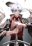  1boy ahoge black_pants blue_hair hair_over_one_eye hand_on_hilt highres holding holding_weapon jacket jacket_on_shoulders looking_at_viewer necktie original pants planted_sword planted_weapon purple_eyes red_shirt shirt smile solo sword tsuki-shigure weapon white_jacket 