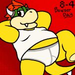  1:1 8-4 anthro barefoot bowser bowser_day briefs brown_eyes clothing english_text feet green_body green_skin hands_behind_back male mario_bros nintendo nishi_oxnard overweight overweight_male red_background shirt simple_background solo tan_body tan_skin tank_top teeth_showing text tighty_whities topwear underwear video_games white_clothing white_shirt white_topwear white_underwear yellow_body yellow_skin 