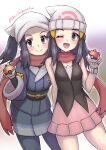  2girls absurdres black_hair commentary_request cowboy_shot dawn_(pokemon) female_protagonist_(pokemon_legends:_arceus) grey_eyes gupunetsu hat head_scarf highres holding holding_poke_ball japanese_clothes long_hair multiple_girls open_mouth poke_ball poke_ball_(legends) pokemon pokemon_(game) pokemon_dppt pokemon_legends:_arceus red_scarf scarf smile twitter_username watch wristwatch 