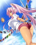  1girl arms_behind_back ass blue_eyes bound bound_wrists bread breasts buruma cloud dark_skin flag food from_behind gym_uniform hair_intakes hikage_eiji kneepits koihime_musou large_breasts legs long_hair official_art one_eye_closed outdoors pink_hair ponytail red_buruma shirt short_sleeves sky solo sonsaku sports_festival thighs very_long_hair white_shirt 