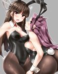  2girls absurdres animal_ears black_hair black_leotard bow bowtie breast_press breasts bunny_ears bunny_tail covered_navel detached_collar eyebrows_visible_through_hair fake_animal_ears fake_tail grey_background hair_ribbon highleg highleg_leotard highres hime_cut hiyou_(kancolle) jun&#039;you_(kancolle) kantai_collection large_breasts leotard long_hair looking_at_viewer minase_(takaoka_nanase) multiple_girls open_mouth pantyhose playboy_bunny purple_eyes purple_hair ribbon spiked_hair strapless strapless_leotard tail wing_collar wrist_cuffs 