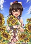  1girl absurdres bangs blush bow brown_hair character_name closed_eyes cloud cloudy_sky dress fisheye flower hair_bow happy_birthday highres holding holding_flower idolmaster idolmaster_million_live! idolmaster_million_live!_theater_days long_hair open_mouth ponytail satake_minako semi_colon sky smile solo sunflower white_dress 