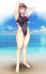  1girl arena_(company) armpits arms_up barefoot beach black_swimsuit blood_rouge blue_eyes blue_sky borrowed_character cloud commentary_request competition_swimsuit covered_navel day goggles goggles_around_neck highleg highleg_swimsuit highres horizon logo looking_at_viewer one-piece_swimsuit original outdoors pink_hair short_hair sky solo swimsuit visor_cap 