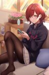  1girl bangs blurry cellphone couch depth_of_field eyebrows_visible_through_hair hair_ornament hairpin highres higuchi_madoka holding holding_phone idolmaster idolmaster_shiny_colors ironatsuki leg_up long_sleeves looking_at_viewer looking_to_the_side mole mole_under_eye no_shoes office pantyhose phone plaid plaid_skirt red_hair shiny shiny_hair short_hair signature sitting skirt solo sunset thighhighs translated window 