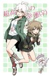  :d bangs black_jacket black_shorts black_skirt blush boots braid breasts coat collarbone commentary_request danganronpa_(series) danganronpa_2:_goodbye_despair full_body genderswap genderswap_(mtf) green_coat green_hoodie hood hood_down hoodie jacket knee_boots komaeda_nagito looking_at_viewer miniskirt naegi_makoto nanasaki open_mouth print_shirt red_footwear shirt shoes short_twintails shorts skirt small_breasts smile sneakers socks sweatdrop teeth translation_request twintails upper_teeth usami_(danganronpa) white_legwear white_shirt 