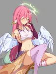  1girl ahoge angel_wings asymmetrical_legwear bare_shoulders breasts bridal_gauntlets collarbone crop_top feathered_wings gradient_hair grey_background groin half-closed_eyes halo highres jibril_(no_game_no_life) kkry99 large_breasts long_hair looking_at_viewer midriff multicolored_hair navel no_game_no_life orange_eyes pink_hair revealing_clothes shirt simple_background single_thighhigh sitting sleeveless sleeveless_shirt socks solo stomach thighhighs uneven_eyes very_long_hair white_shirt wings 
