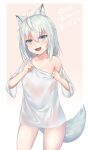  1girl :d animal_ear_fluff animal_ears aoinu_(aoinu_99) blue_eyes breasts highres naked_shirt off_shoulder open_mouth original oversized_clothes oversized_shirt see-through shirt short_hair short_sleeves silver_hair smile tail white_shirt 