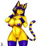  6ironknight9 animal_crossing ankha_(animal_crossing) anthro armor armwear big_breasts breasts butt clothing domestic_cat egyptian felid feline felis female fur genitals hair legwear looking_at_viewer mammal nintendo nipples pupils pussy simple_background slit_pupils solo standing stockings striped_tail stripes thick_thighs vambraces video_games white_background yellow_body yellow_eyes yellow_fur 