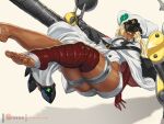  1girl alternate_breast_size bandaged_arm bandaged_leg bandages barefoot breasts cape dark-skinned_female dark_skin feet floating floating_object floating_sword floating_weapon foreshortening full_body guilty_gear guilty_gear_strive huge_weapon large_breasts long_legs looking_at_viewer lucifero_(guilty_gear) medium_hair orange_eyes platinum_blonde_hair ramlethal_valentine reclining rejean_dubois short_shorts shorts single_bare_leg solo sword thick_thighs thigh_strap thighs toes weapon white_cape white_headwear white_shorts 