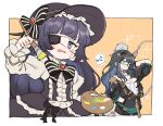  2girls black_hair bow breasts cleavage dress eyepatch gazacy_(dai) glasses granblue_fantasy hand_in_pocket harvin hat highres illnott long_hair lunalu_(granblue_fantasy) multiple_girls musical_note paint_gun paintbrush palette pointy_ears smile spoken_musical_note 