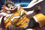  abs absurd_res anthro bulge cape chuurow clothing felid fur hi_res live-a-hero male mammal mask muscular muscular_anthro muscular_male pantherine pecs ryekie_(live-a-hero) smile solo spandex striped_body striped_fur stripes superhero tiger tight_clothing 