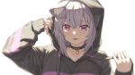  1girl :3 animal_ear_fluff animal_ears black_collar black_hoodie breasts cat_ears cat_girl collar drawstring drawstring_pull eyebrows_visible_through_hair highres hololive hood hood_pull hoodie kanoe_(tatsukanoe) medium_breasts nekomata_okayu open_mouth purple_eyes purple_hair short_hair solo upper_body virtual_youtuber white_background 