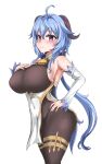  2021 absurd_res bell bell_collar big_breasts blue_hair breasts collar female ganyu_(genshin_impact) genshin_impact hair hand_on_hip hi_res horn horned_humanoid huge_breasts humanoid kim_wang_jyang looking_at_viewer not_furry simple_background smile solo thick_thighs video_games white_background 