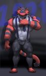  2021 4_toes 5_fingers anthro barefoot big_muscles black_body black_claws black_fur body_hair bottomwear bulge claws clothed clothing dress_shirt feet fingers fur green_eyes grey_body grey_fur happy_trail hi_res humanoid_feet humanoid_hands incineroar looking_at_viewer male muscular muscular_anthro muscular_male necktie nintendo open_clothing open_shirt open_topwear pants pink_nose plantigrade pok&eacute;mon pok&eacute;mon_(species) red_body red_fur rheobear shirt solo standing striped_body striped_fur stripes suspenders tight_clothing toes topwear video_games 